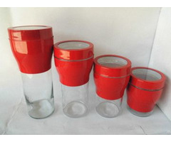 Red Torch Shaped Glass Canister With Stainless Steel Set S 4