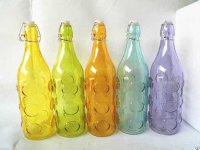 Glass Bottle With Colored And Chrysanthemum Stamp