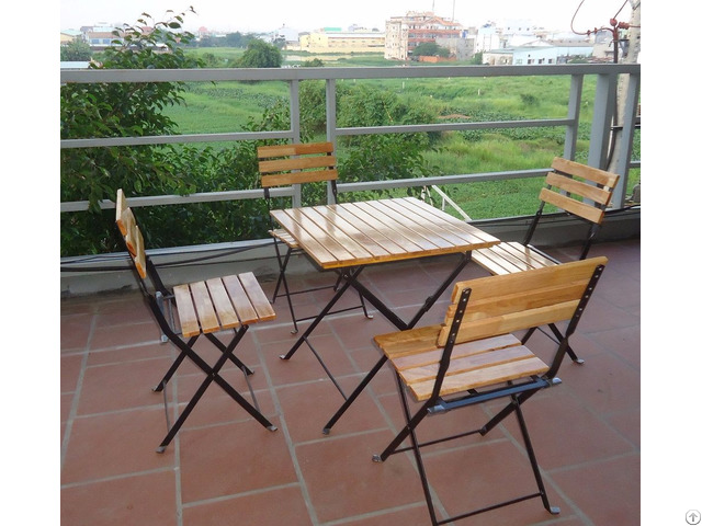 Folding Garden Set Wooden Table And Chair Metal Frame