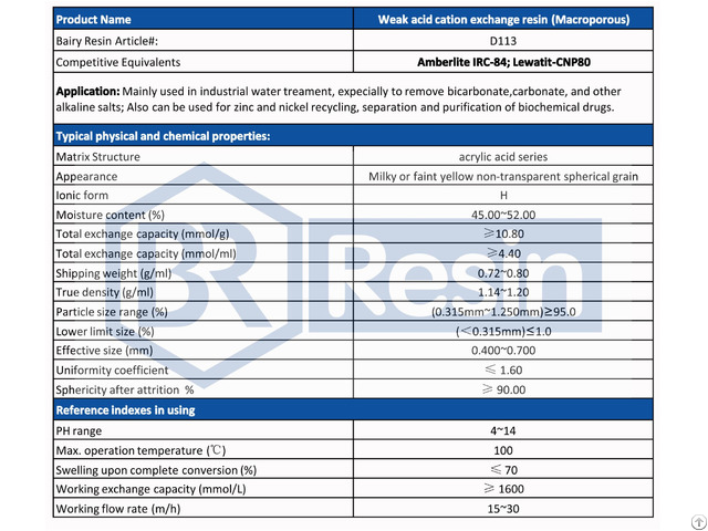 High Quality Water Treatment Weak Acdic Cation Resin D113