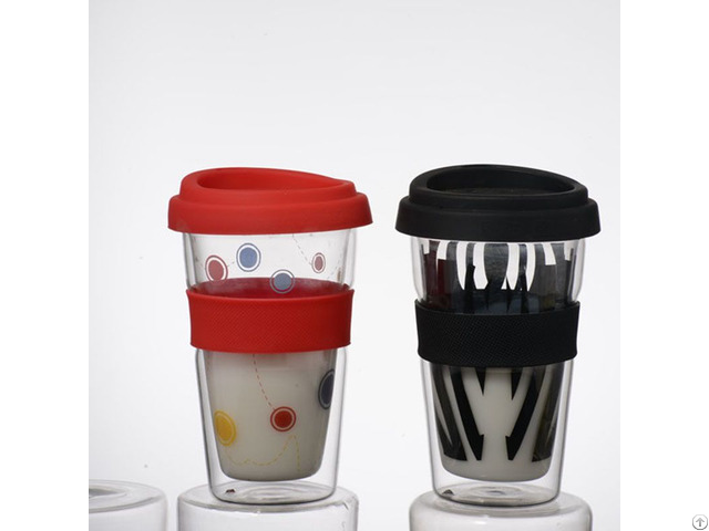 Custom Pyrex Double Wall Glass Coffee Cup With Silicon Lids