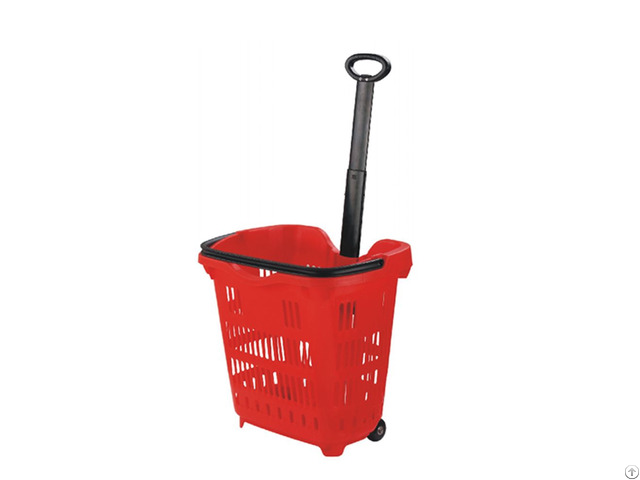 Supermarket Plastic Handle Shopping Basket With Rollering Wheels