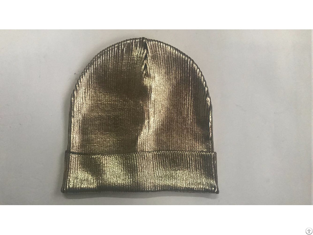 Ladies Hot Stamping Gold Foil Beanie Knitted Hat With Folding Trim