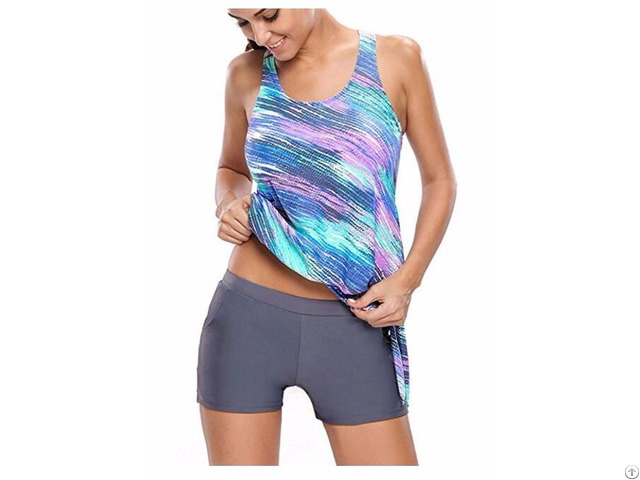 Womens Two Piece Printed Blouson Tankini Set Beachwear With Short