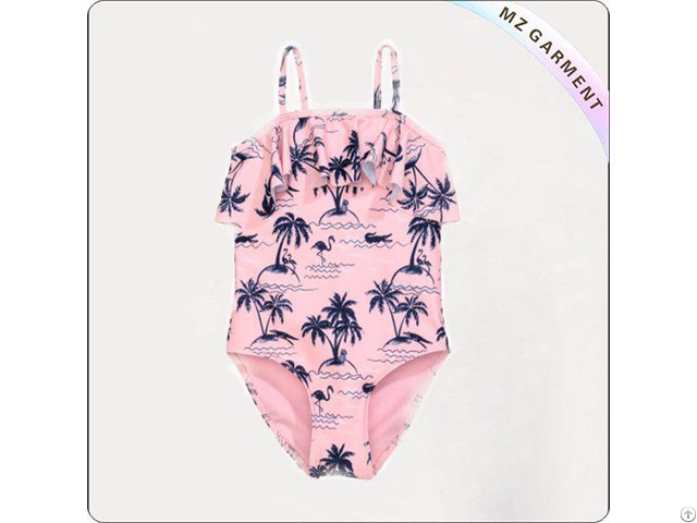 Girls Light Pink Palms Swimsuit With Ruffle