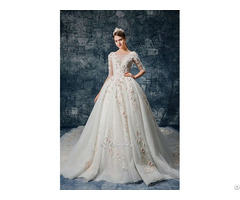 3d Pink Floral Applique Lace Long Sleeves Bridal Gown