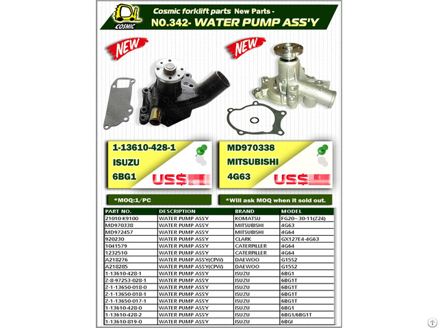 Cosmic Forklift Parts New No 342 Water Pump Ass Y