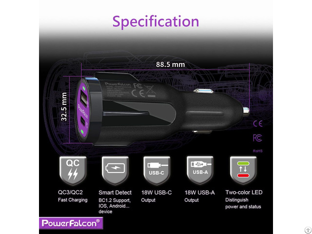 Powerfalcon 36w Dual Qc3 Usb C A Car Charger