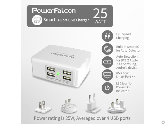 Powerfalcon 25w Smart 4 Port Usb Charger Interchangable