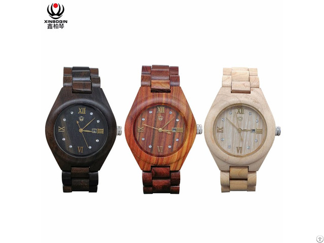 Xinboqin Hot Sale Simple Zircon Quartz Calendar Lady Wooden Watches Custom Logo