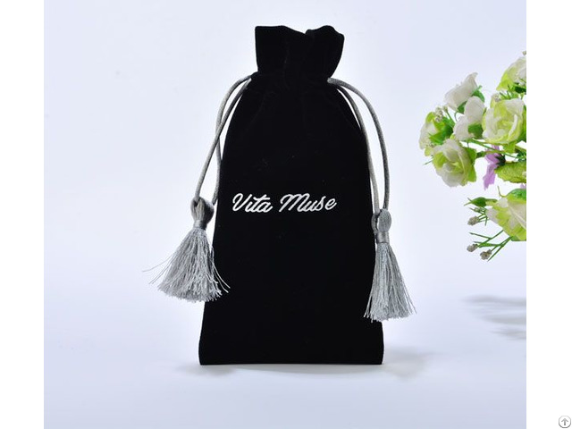 Black Velvet Gift Bag With Silver Tassels