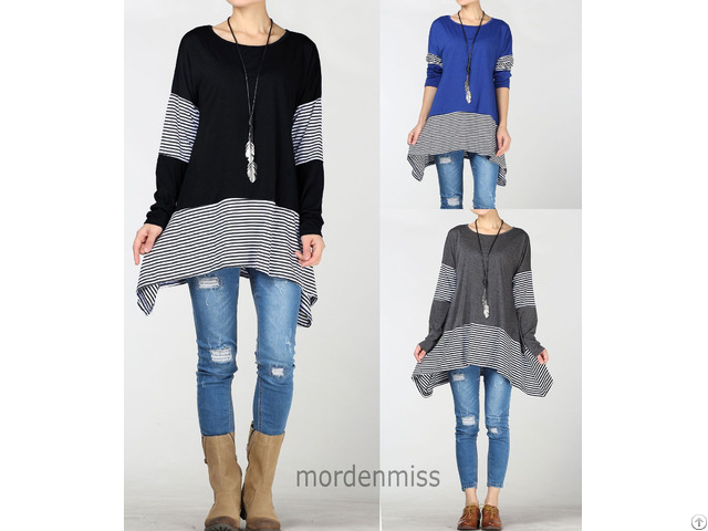 Mordenmiss Women S Stripes Asymmetry Tunic Swing Flowy Plain T Shirt Top