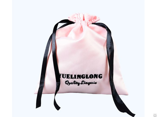 Pink Embroidery Satin Lingerie Travelling Storage Drawstring Bag