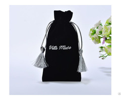 Black Velvet Gift Drawstring Bag With Silver Tassels