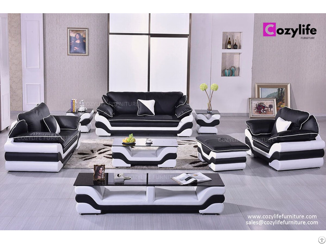 Modern Wooden Black Leather Sofa Set