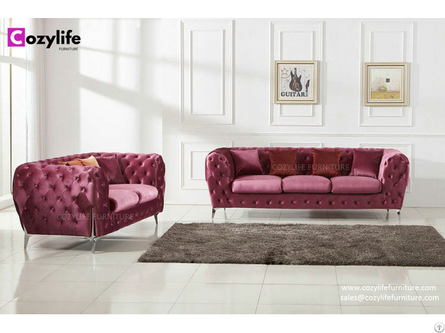 Modern Pink Velvet Fabric Chesterfield Sofa Set