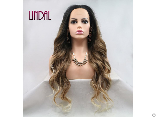 Lindal Ombre Blonde With Highlights Long Natural Wavy Lace Front Synthetic Hair Wig