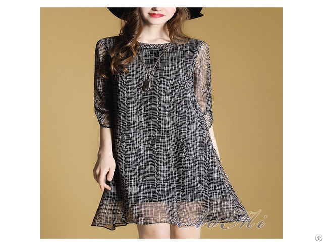 Black, Plaid, Loose Waistline, No Pockets,summer Women Mid-length Dress Aomi-f0036