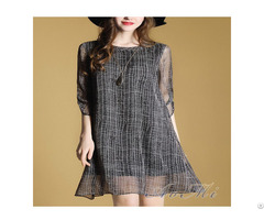 Black, Plaid, Loose Waistline, No Pockets,summer Women Mid-length Dress Aomi-f0036