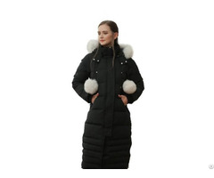 Latest Vogue Black Down Coat Hooded Long Garment With Pompoms