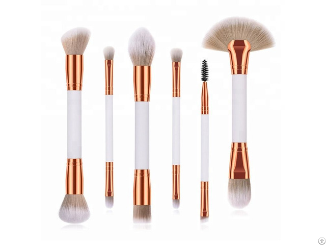 6pcs Double End Makeup Brush Set With Two Color Synthetic Hair Gold Aluminum Ferrule