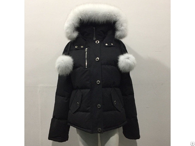 Fashion Black Down Coat Girls Bomber Jacket Hat Detachable With Pompoms Winter Outwear