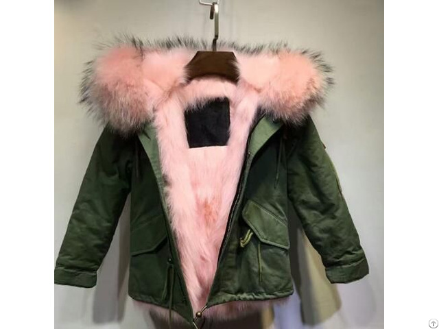 Nice Girl Army Green Waterproof Shell Pink Faux Fur Lining Real Raccoon Collar Bomber Jacket