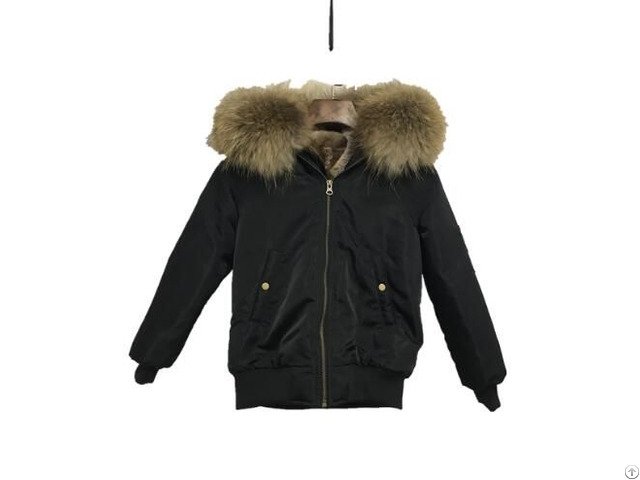 Fashion Warm Winter Boy Black Waterproof Shell Khaki Real Raccoon Fur Collar Short Bomber Jacket