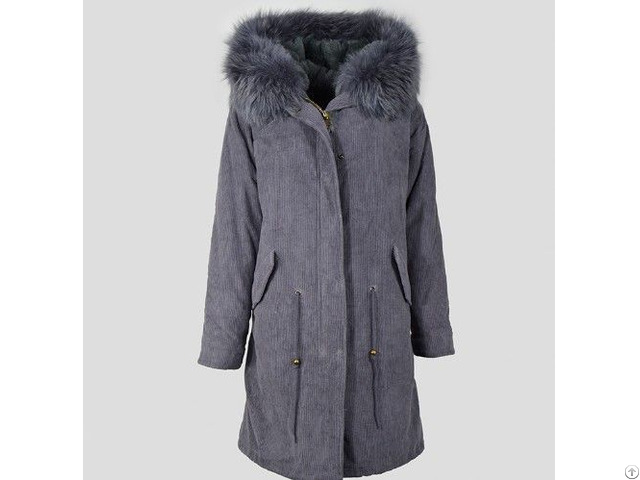 Cool Style Long Fur Coat Men Gray Corduroy Shell Jacket