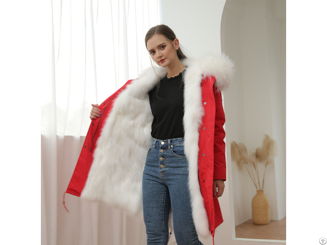 Latest Fashion Hooded Raccoon Collar Long Red Real Fox Fur Parka