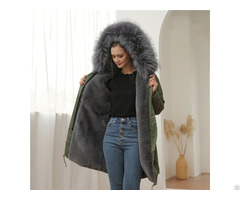 In Stock Army Green Long Leather Parka Faux Fur Coat Women