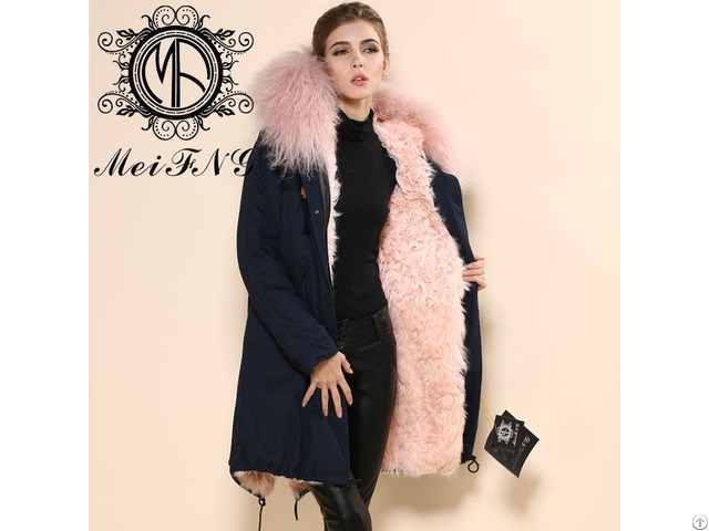 Pink Lamb Fur Parka Women Winter Classic Vogue Long Coat Woolen Garment Ladies