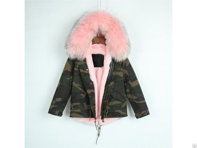 Camouflage Parka With Light Pink Fur Lining Lovely Short Style Overcoat Nice Clothes