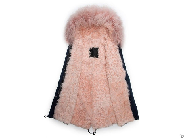 Navy Long Parka With Pink Lamb Fur Lining And Mongolia Sheep Collar