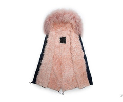 Navy Long Parka With Pink Lamb Fur Lining And Mongolia Sheep Collar