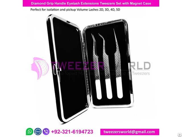 Diamond Grip Handle Eyelash Extensions Tweezers Set With Magnet Case