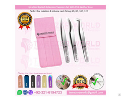 3pcs Best Eyelash Extension Tweezers Set With Pink Leather Case