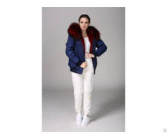 Blue Nylon Bomber Jacket With Rose Red Faux Fur Lining