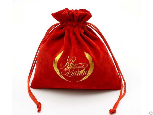 Red Velvet Drawstring Bag With Gold Stamp Logo