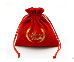 Red Velvet Drawstring Bag With Gold Stamp Logo