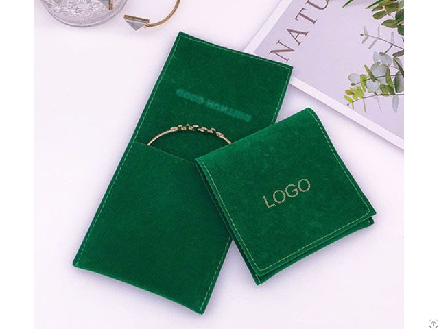 Green Velvet Jewelry Pouch With Emboss Logo