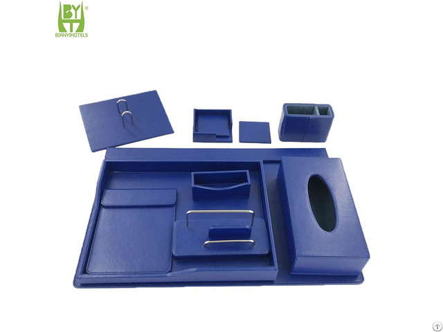 Luxury Blue Business Table Organizer Pu Leather Office Desk Set
