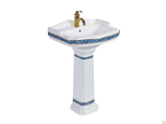 Cupc Certified Classic Design Blue And Gold Color Bathroom Ceramic Pedestal Sink