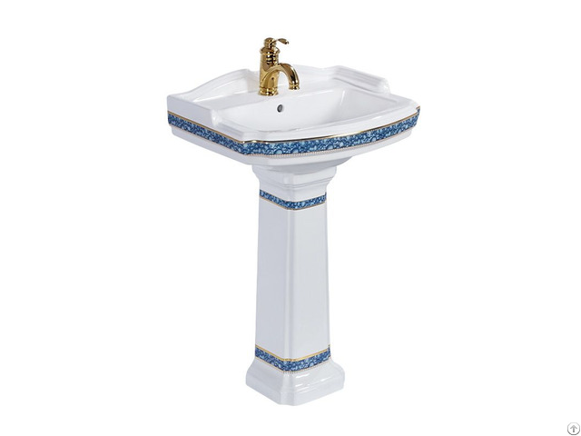 Cupc Certified Classic Design Blue And Gold Color Bathroom Ceramic Pedestal Sink