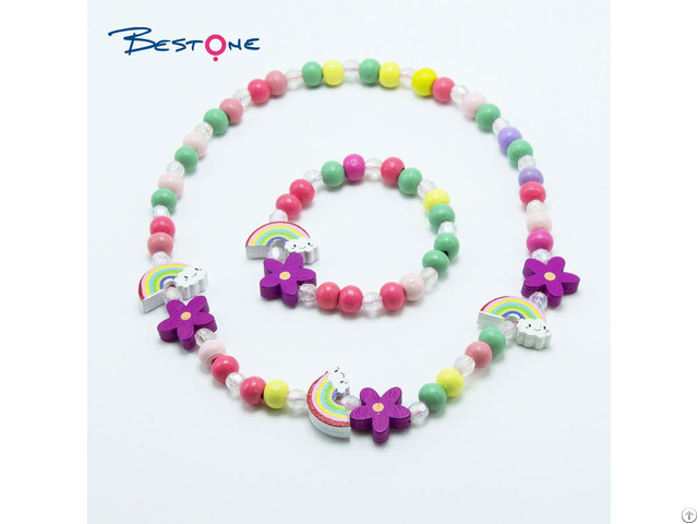 Girls Flower Wood Bracelet Necklace Set