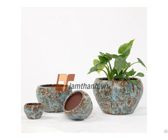 Warehouse Supplier Sponger Blue Glazed Ceramic Round Plant Pots Set 3 For Space Décor