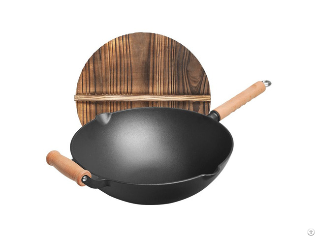 Pre Seasoned Flat Bottom Cast Iron Woks With Two Pouring Spouts