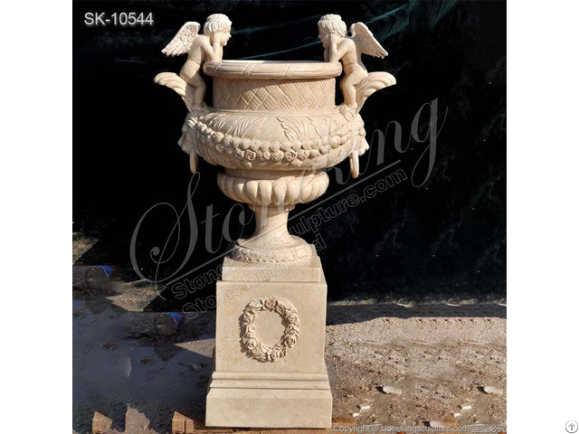 Beautiful Marble Garden Flowerpot Planter With Angel Statues And Pedestal