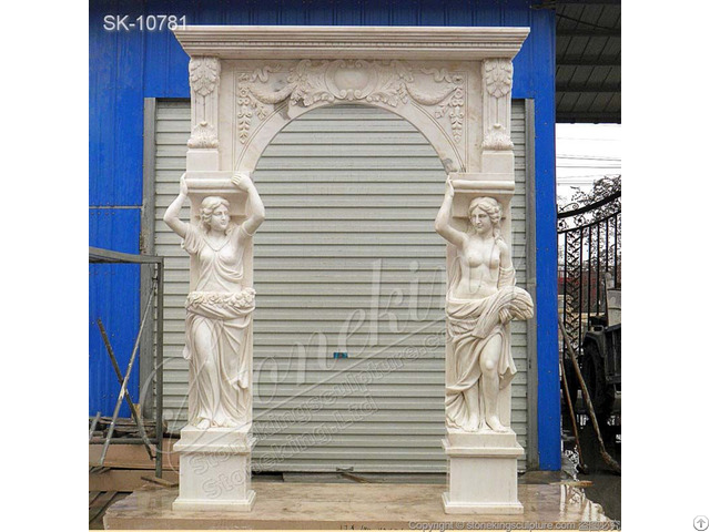 Manufacturer Hand Carved Marble Doorway Surround With Woman Caryatid Sculptures For Sale