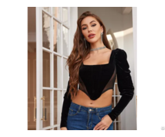 Ba3166 Mesh Panel Puff Sleeve Velvet Top
